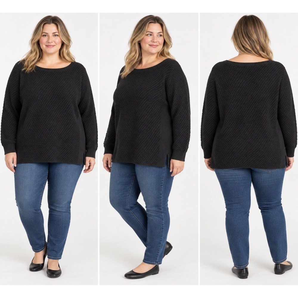 Lands End Women's XL Black Textured Knit Sweater Side Slit Pullover Classic